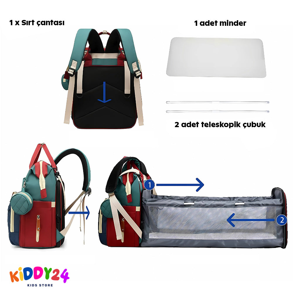 Portatif 3'ü 1 arada sırt çantası – katlanabilir bebek yatağıyla seyahatlerinizi kolaylaştırır