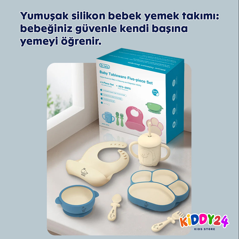 Bebekler için komple yemek seti – kaymaz silikon tabak & gereçler