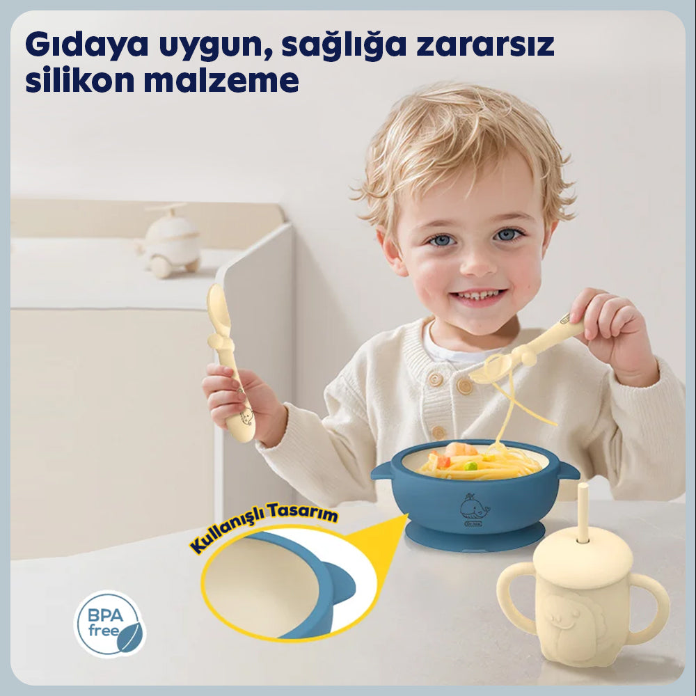 Bebekler için komple yemek seti – kaymaz silikon tabak & gereçler