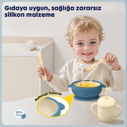 Bebekler için komple yemek seti – kaymaz silikon tabak & gereçler