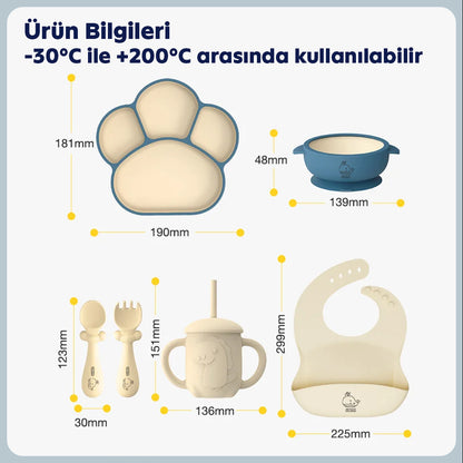Bebekler için komple yemek seti – kaymaz silikon tabak & gereçler