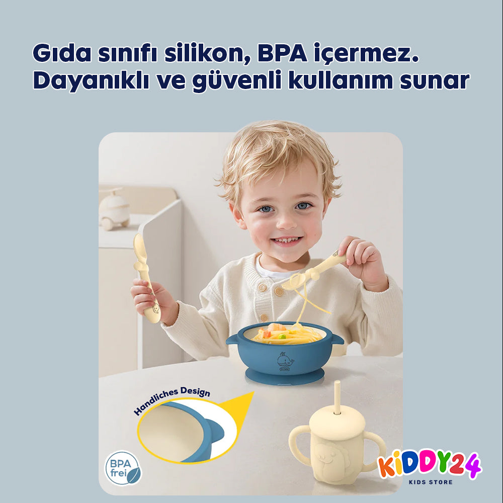 Bebekler için komple yemek seti – kaymaz silikon tabak & gereçler